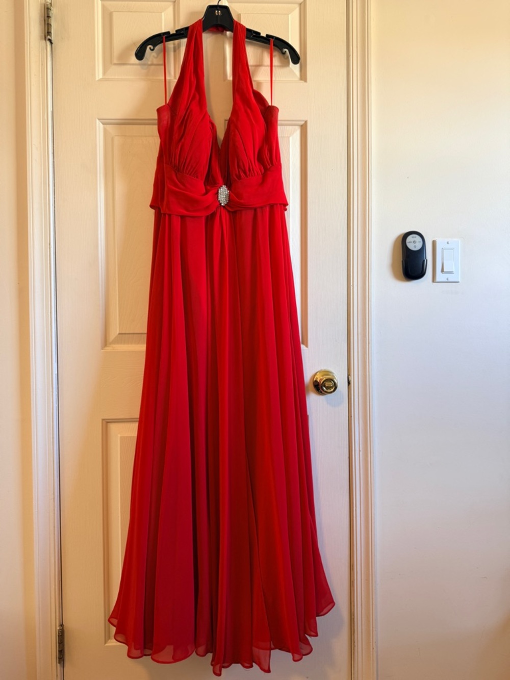Red Halter Evening Gown with Jewel Accent - Women Dresses